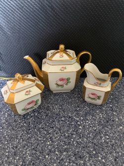 Porcelain Tea Set with Gold and Rose Design