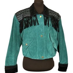Scully Vintage 1980’s Teal Suede Leather Jacket Black Fringe Size 8 NWOT 
