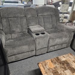 Brand New Charcoal Linen Manual Reclining Loveseat With Cup Holders