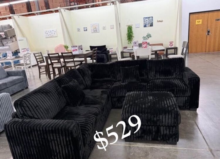 Stylish Black Sectional Sofa With Ottoman Fur - Like Jumbo Corduroy