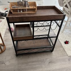 Modern Wood & Metal Bar Cart w/ Wine Rack + Storage (Excellent Condition)