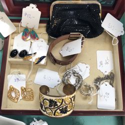 Vintage Earrings Bracelets Coin Purse Necklaces And Jewelry Stand 