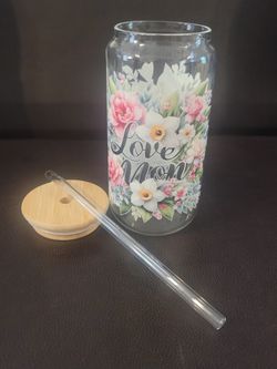 Love Mom 16oz Glass Cup With Baboo Lid
