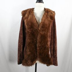 Vintage 1990s Brown Knit Cardigan with Faux Fur Collar – Plus Size 1X