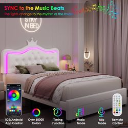 Full Upholstered LED Bed Frame with Storage Drawer, Leather Princess Platform Bed with Adjustable Crystal Button Tufted Crown Headboard, Solid Wooden 