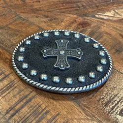Black Leather Studded Cross Belt Buckle Vintage 