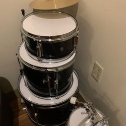 Drum Set, Black And White, Silver Trim
