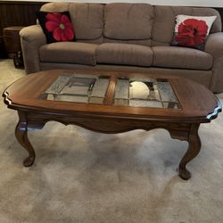 Antique Wood Coffee Table With Glass Top