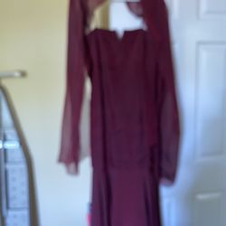 Night Gown With Shawl/Matching Shoe /Dark Red/size 10