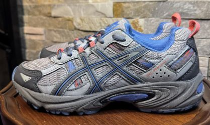 Woman’s Sz  7 ASICS  GEL-Venture 5 Athletic Shoe Gray, Blue, & Orange/Coral EUC
