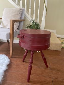 Vintage wooden three legs for sewing or craft storage.