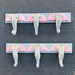 Coat Rack Hanging Hat Hooks Wall Wood Elephant Pier 1 Towel Pair Pink Grey