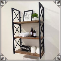 Rustic 3-Tier Wall Mounted Pine Wood Industrial Shelves Book Shelf Rack Farmhouse Heavy Duty