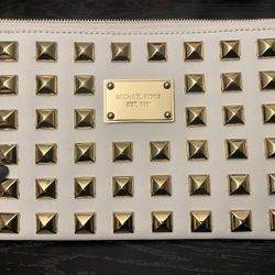 Michael Kors Gold Studded White XL Wristlet Clutch 