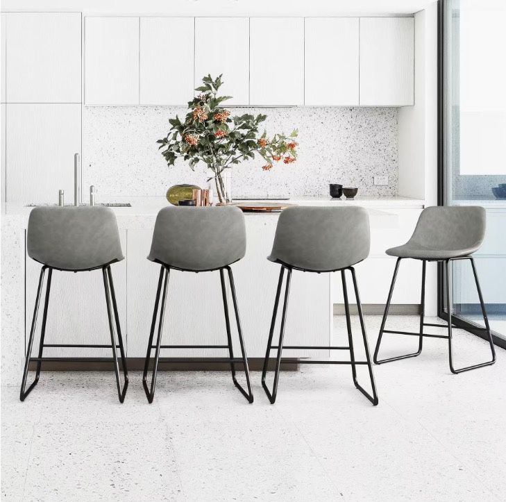  30 in. Gray Faux Leather Upholstered Bar Stool With Metal Leg Counter Bar Stool (Set of 4)