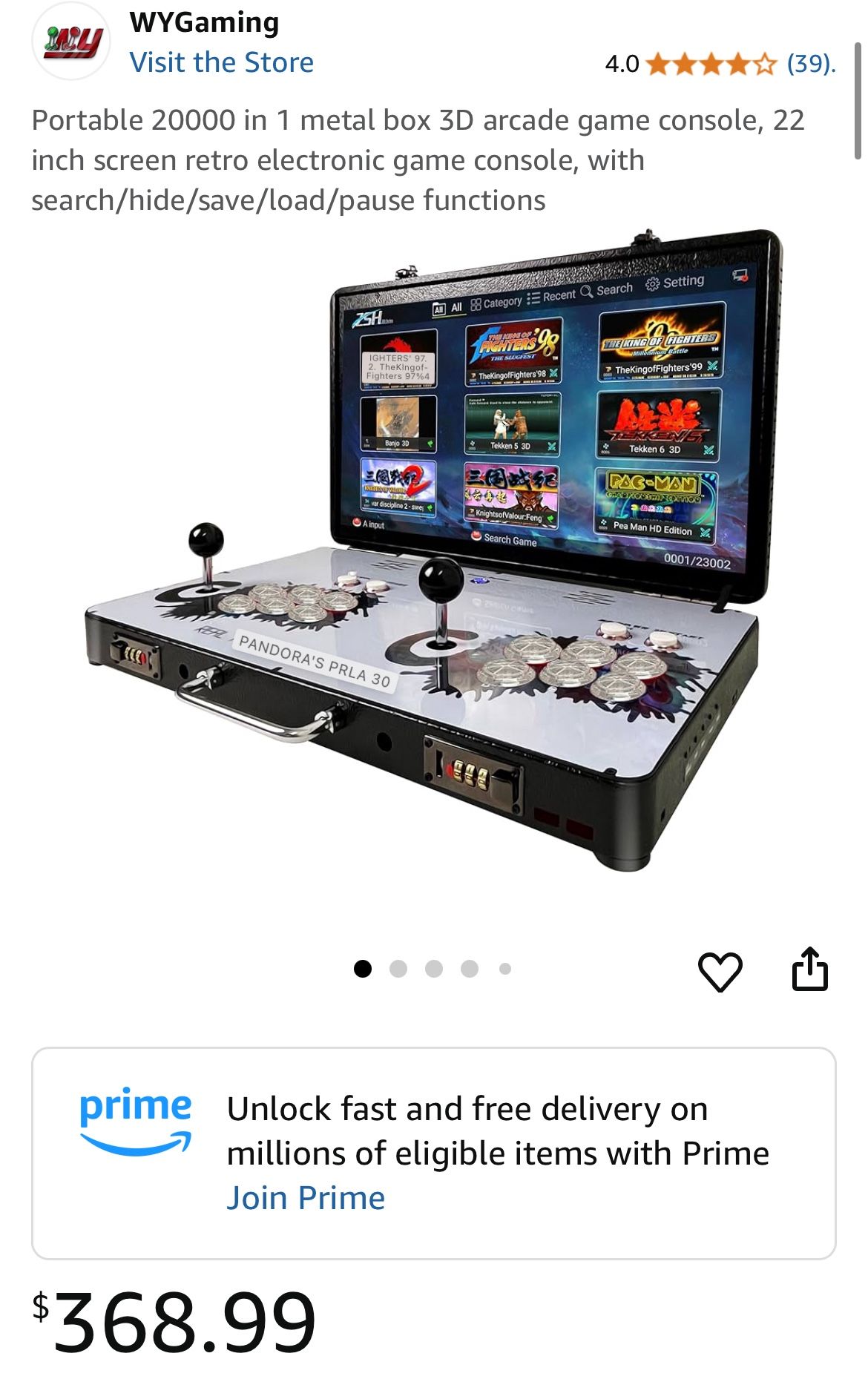 Portable 20000 in 1 metal box 3D arcade game console, 22 inch screen retro electronic game console, with search/hide/save/load/pause functions