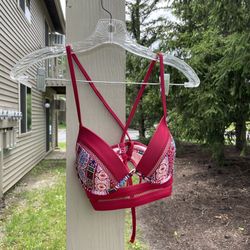 Shade & Shore Womens 34B Maroon Gold Caged Light Lift Boho Swimsuit Bikini Top