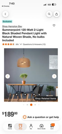 Shop Hampton Bay. Summerpoint 120-Watt 2-Light Black Shaded Pendant Light with Natural Woven Shade, No bulbs Included