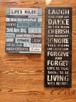 Set of 2 Inspirational Wall Art Signs – “Life’s Rules” & “Laugh Dance Cherish” – Home Decor