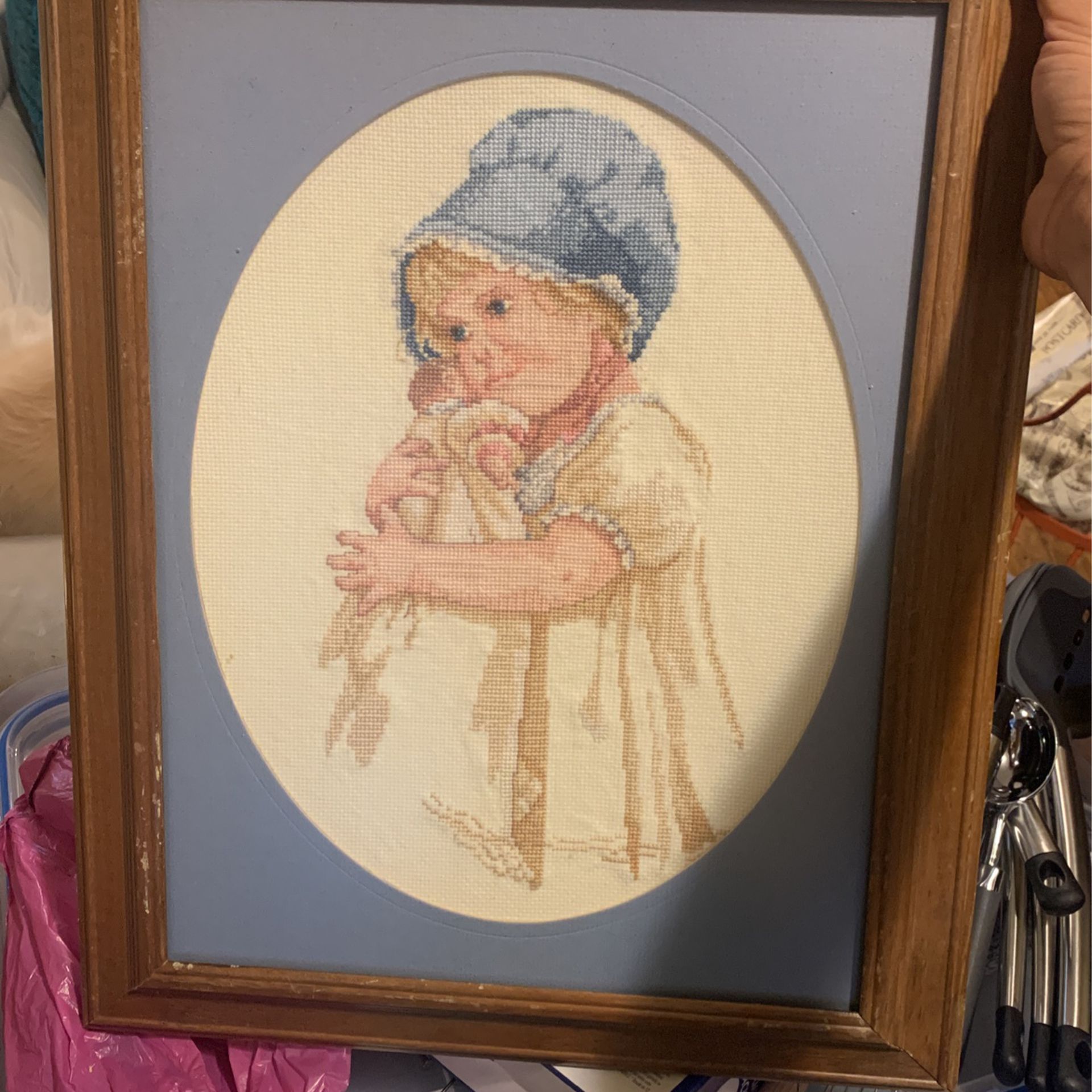 Framed VINTAGE needlepoint Art Little Girl Holding Doll