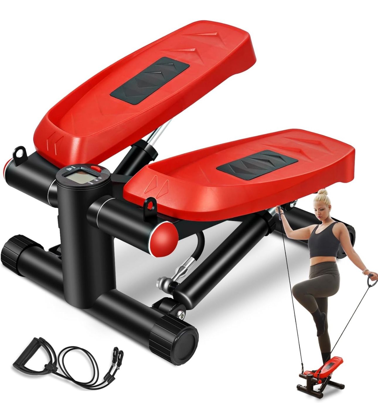 MOSUNY Steppers for Exercise, Mini with Resistance Bands Home Fitness, Upgraded Air Powered Stair 330LBS Loading, Super Quiet Hydraulic Fitness LCD Mo