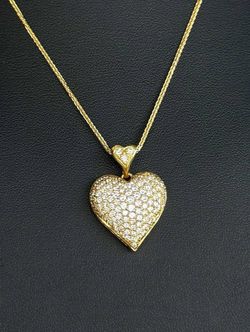 18k Yellow Gold Puff 4 CTW Diamond Heart Pendant & Chain Necklace 16”