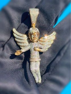 10k solid 2 tone gold 1.5CTW Natural Diamond Iced out Angel with Wings  Charm Pendant