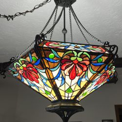 Tiffany Style Victorian Stained Glass Light, 23” Diameter, 34” From Ceiling NEW