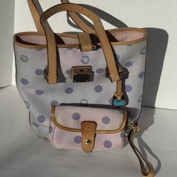 Dooney & Bourke tote bag handbag purse wallet purple fabric tan leather trim