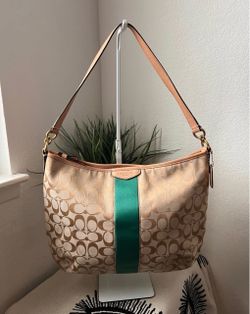 Coach Signature Stripe Green Tan Convertible Hobo Shoulder Bag