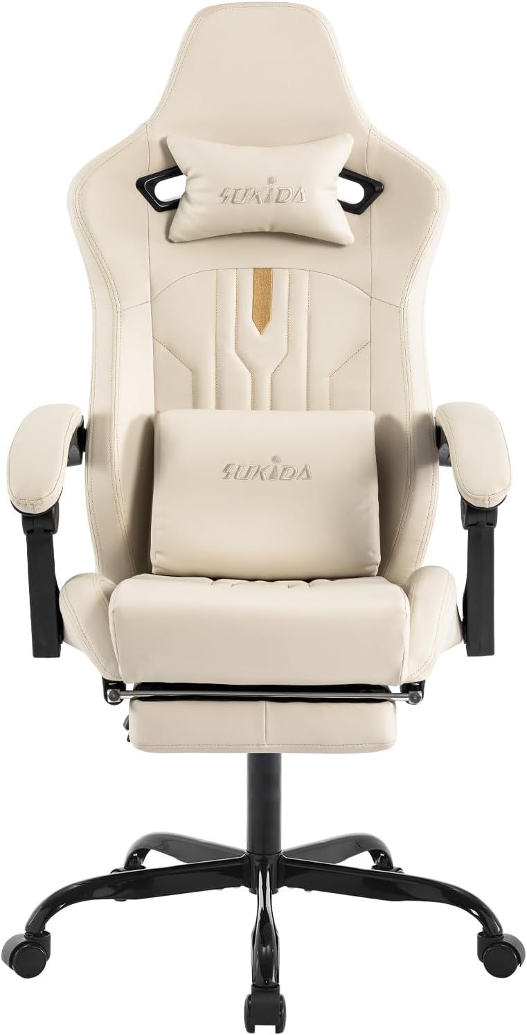 Gaming Chair with Footrest Ergonomic Computer Chair Massage Lumbar Cushion, Racing Video Game Chair Adjustable Rocker Recliner Executive Office Desk C