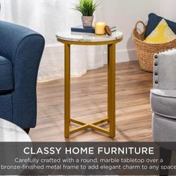Round Coffee Side Table w/ Faux Marble Top, Metal Frame - 16in