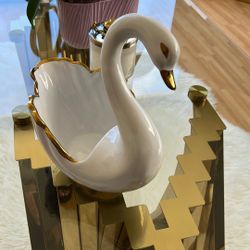 Vintage Porcelain Swan Figurine White  Dish Gold Trim 