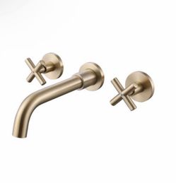 Wall Mounted Bathroom Faucet Brass Modern 3 Holes Sink Faucets in Brushed Gold (Valve Included)