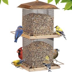 Large Double Tier Tower Hanging Bronze Metal Bird Feeder Multi Ports, Square Tower Birdfeeder