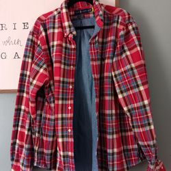 Ralph Lauren Red Plaìd & Blue Denim Lined Medium Flannel Shirt jacket Mens XXL