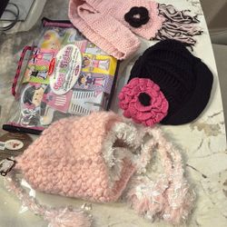 Pretty In Pink Set - 2 Handmade Hats, Scarf & Magnetic Dress Up Doll Set 