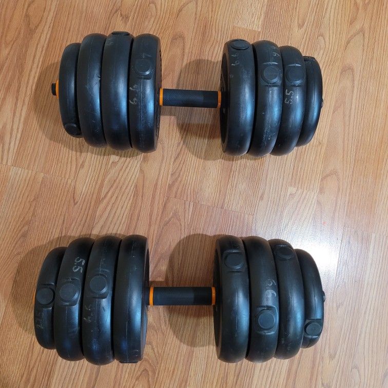 Adjustable Dumbbell Set. 8 plates 3 kg. 4 plates 2.5 kg. 4 plates 1.25 kg. Total 39 kg. ( around 85 lb.)