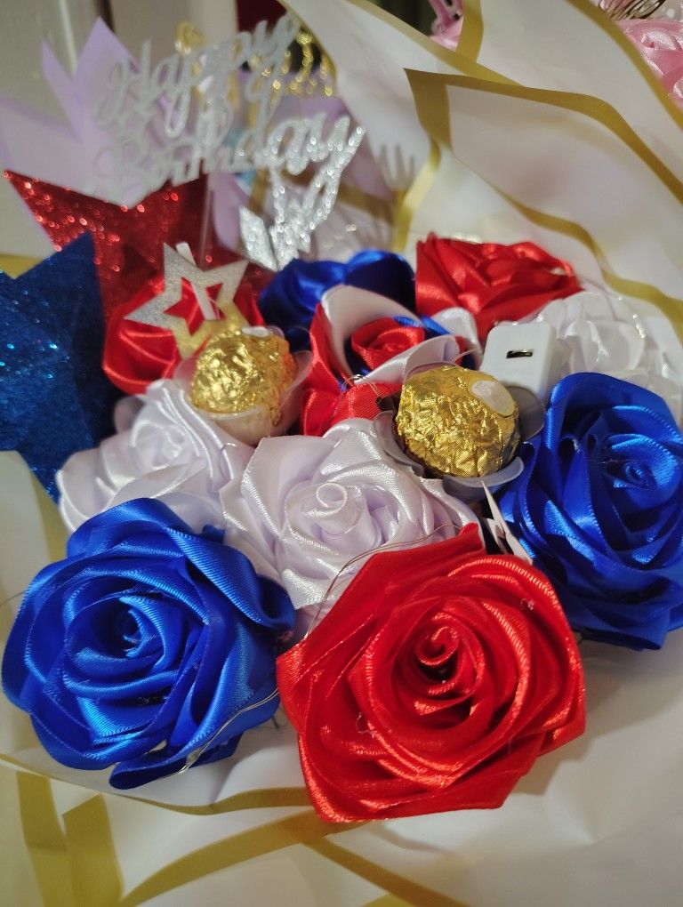 July 4th Bouquet Of Flowers Ribbon Roses