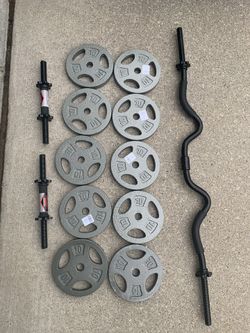 100 LBS ADJUSTABLE PLATES WITH CURL BAR AND DUMBBELL HANDLES