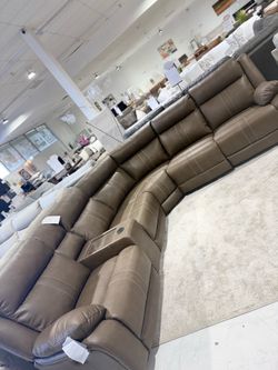Brown Faux Leather Reclining Sectional w Audio Console