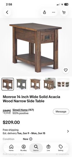 Monroe 14 inch Wide Solid Acacia Wood Narrow Side Table