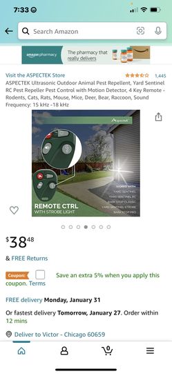 ASPECTEK Ultrasonic Outdoor Animal Pest Repellent, Yard Sentinel RC Pest Repeller Pest Control with Motion Detector, 4 Key Remote Rodents, Cats, Rats,
