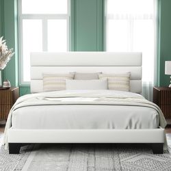King Size Platform Bed Frame with Velvet Upholstered Headboard and Wooden Slats Support, Fully Upholstered Mattress Foundation/No Box Spring Needed/Ea
