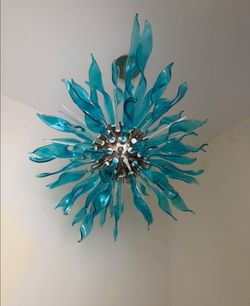 Turquoise Blown Glass Leaf Chandelier