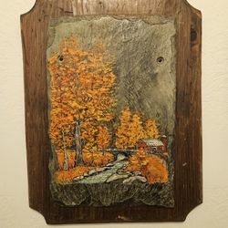 Folk Art Painting On Slate Mounted On A solid Wood Plaque Signed B. Foster