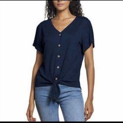 Weatherproof Vintage Woman's Tie Front Blouse, Navy Small