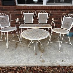 Rare! Vtg Russell Woodard Salterini Wrought Iron Mesh Patio Set Bench 2 Chairs and Table MCM