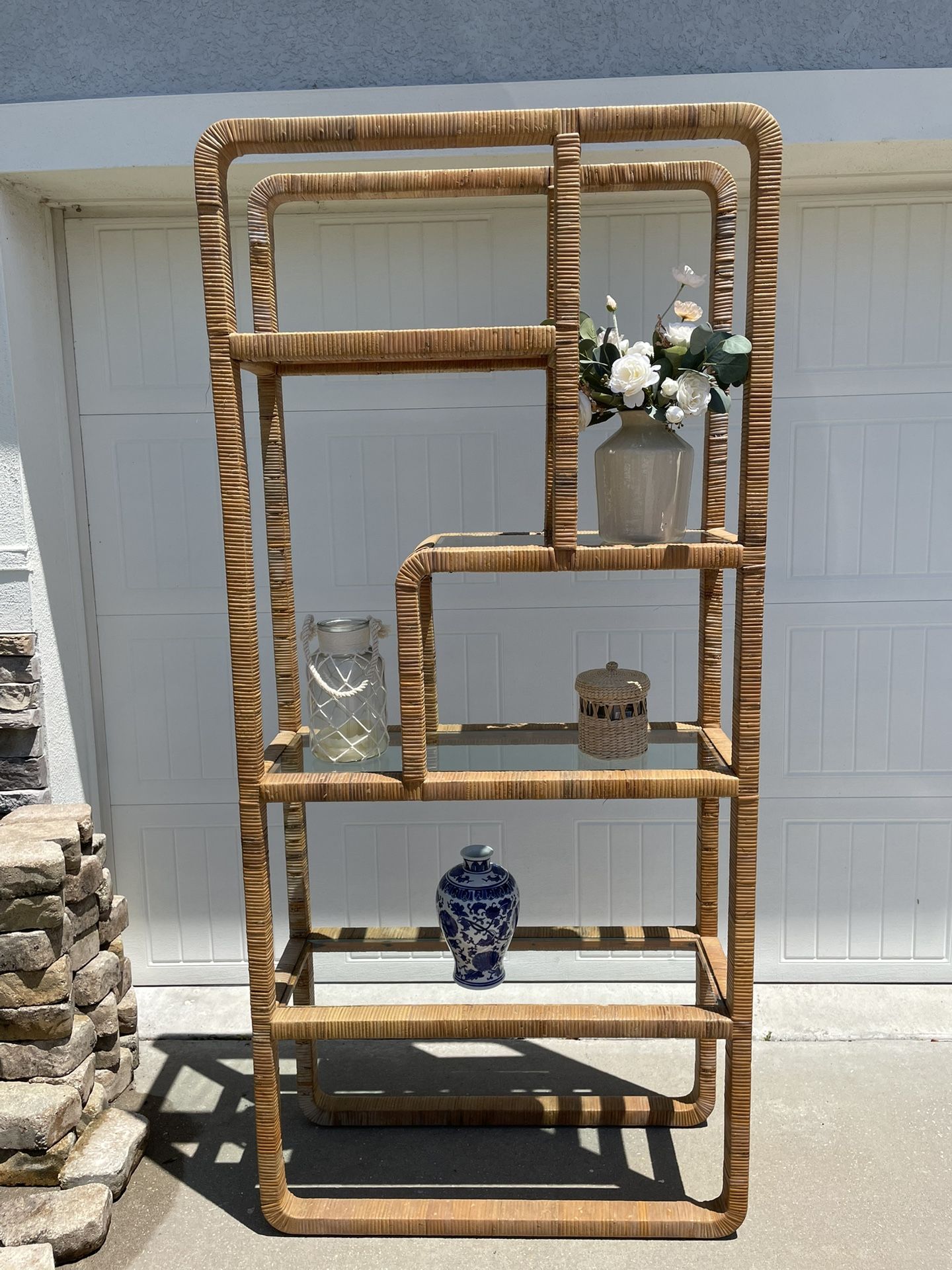 FREE DELIVERY! Rare vintage Mid-Century Modern Asymmetrical Rattan Etagere or Shelving Wall Unit