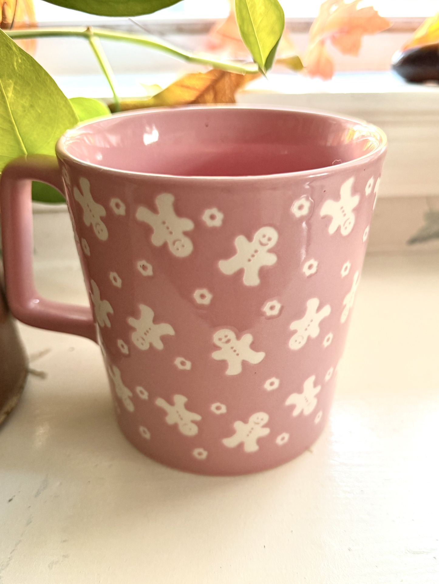 Pink Mug with White Gingerbread Pattern